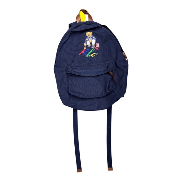 POLO RALPH LAUREN NAVY BLUE POLO BEAR PAINTING LEATHER CANVAS BACKPACK VINTAGE